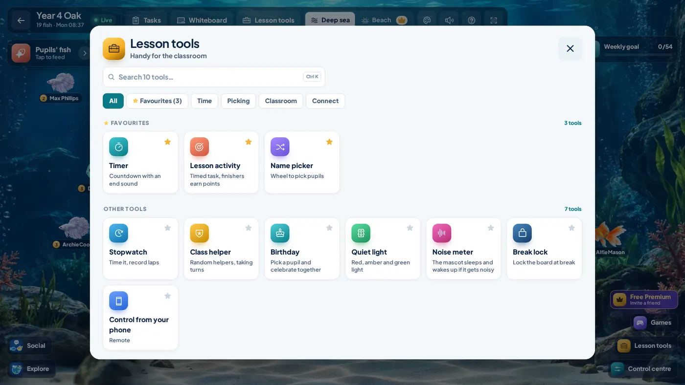 Tools window: search, categories, favourites and all the classroom tools